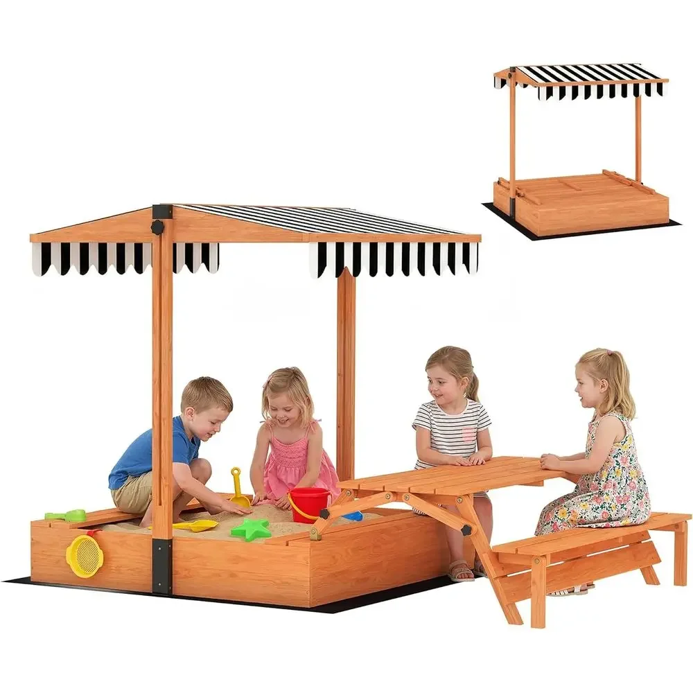 Kids Outdoor Bench Table - Qaba Kids Sandbox with Lid, Wooden