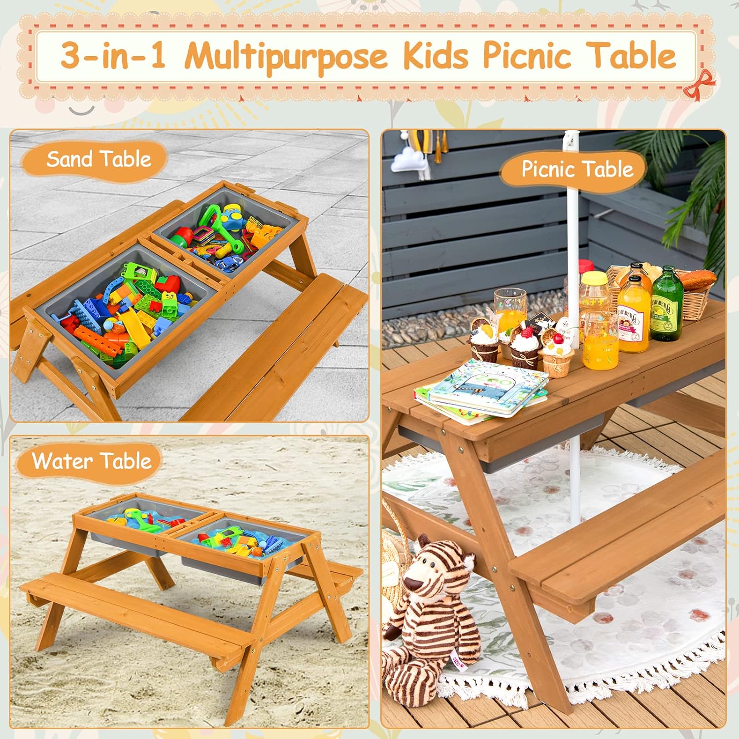 4in1 Cedar Kids Picnic Table w - Kids Outdoor Umbrella For Table review and price