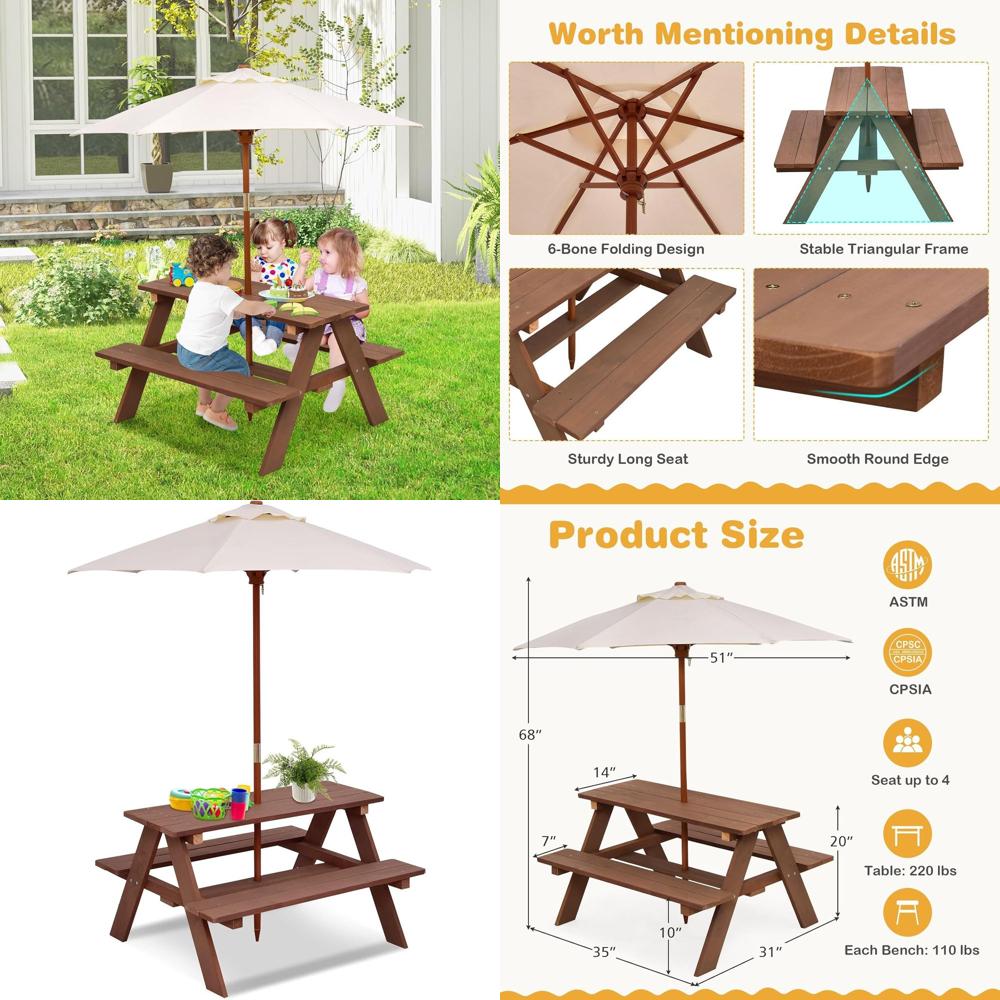Durable Wooden Kids Picnic Tab - Kids Outdoor Umbrella For Table review and price